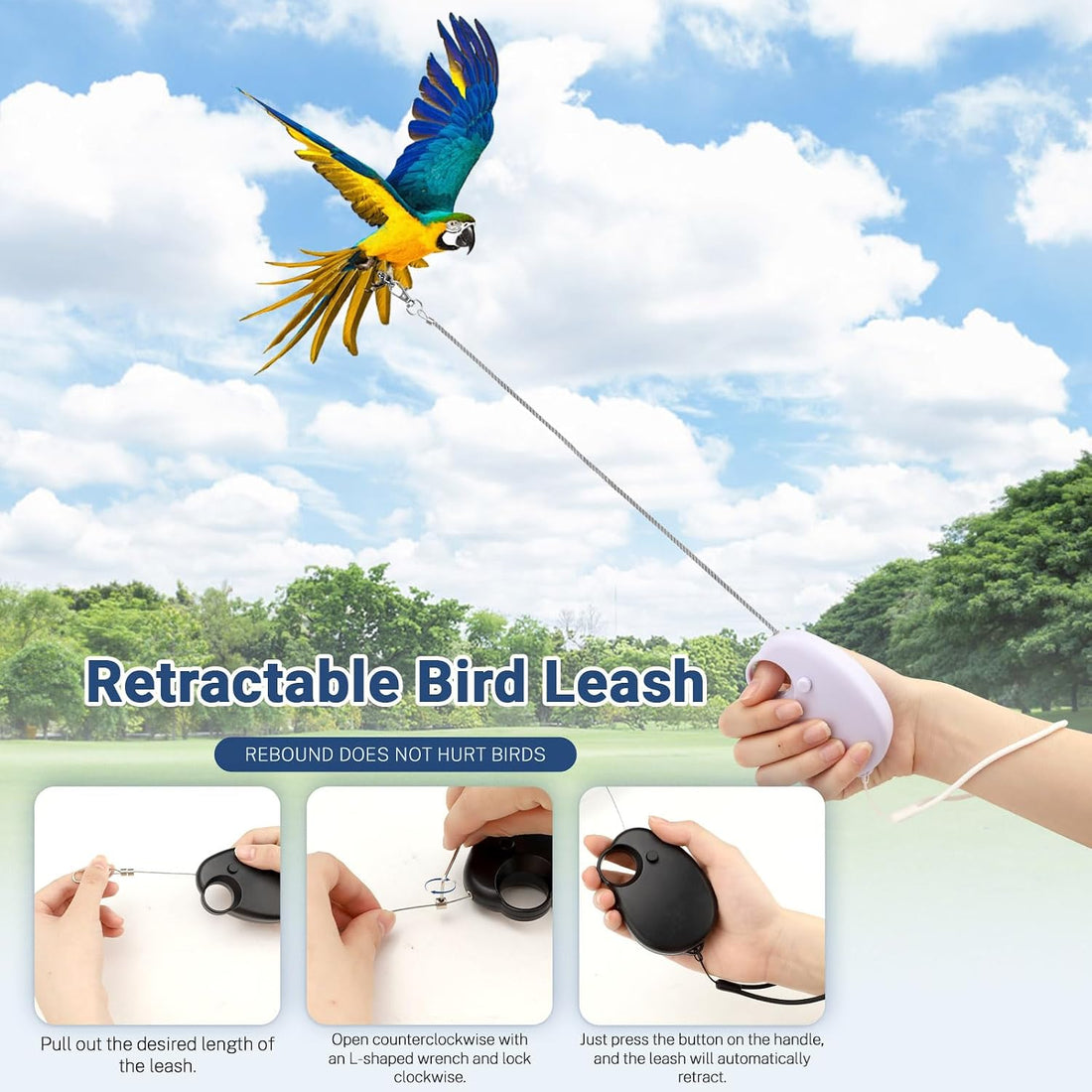 19.7FT Auto Retractable Bird Leash, Anti-Bite Wire Bird Harness