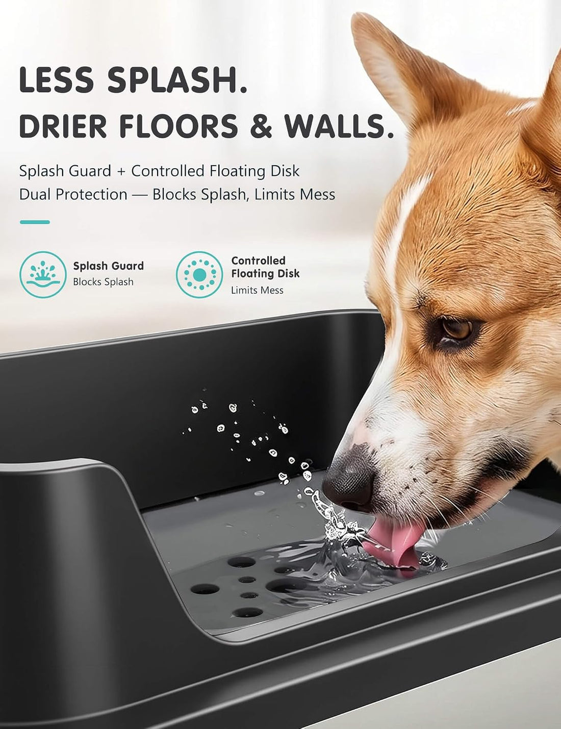 11L No Spill Dog Water Bowl with Splash Guard & Slow Drink Disk