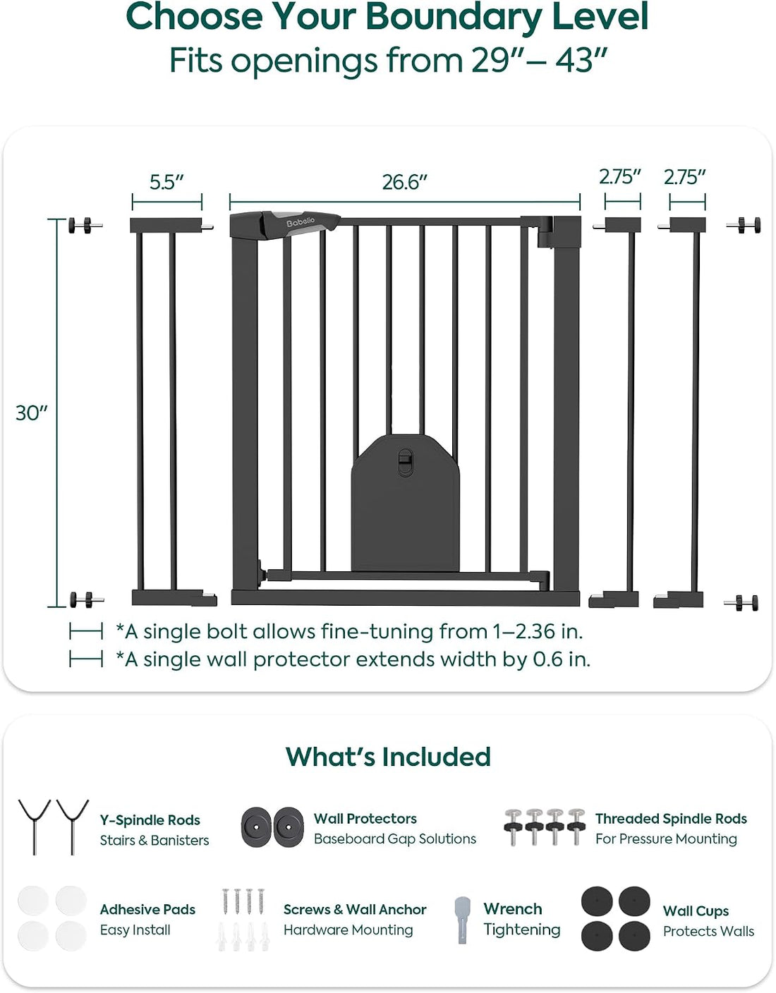 Babelio Auto Close Dog Gate with Cat Door, CatPrivilege I, 29-43"