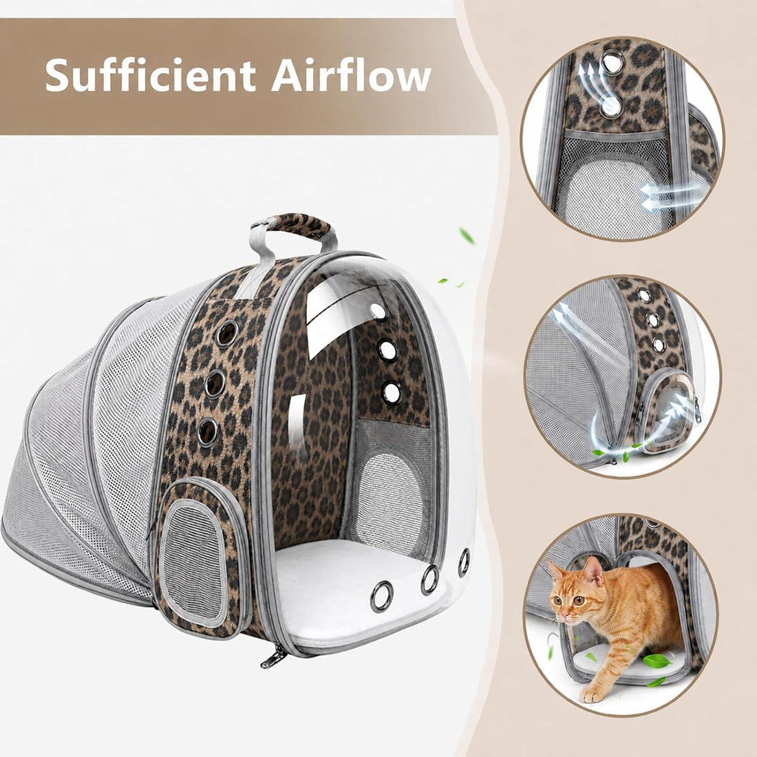 Expandable Cat Carrier Backpack with Bubble Window, Animal Print