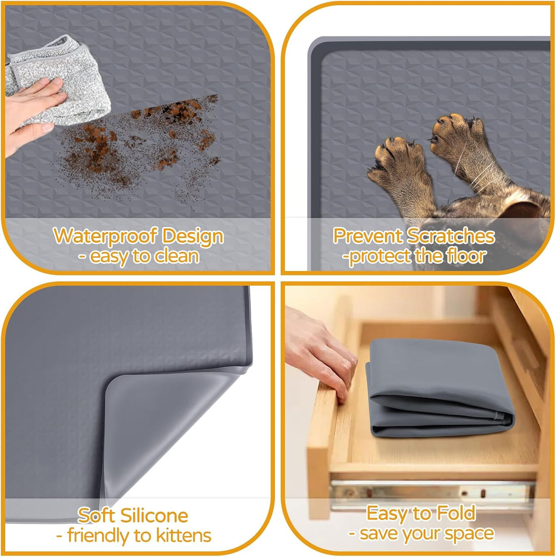 Cat Food Mat 51" x 26" Large Silicone Mat with Raised Edge Gray