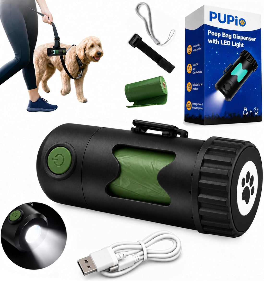 Smart Rechargeable Doggy Bag Holder With Flashlight