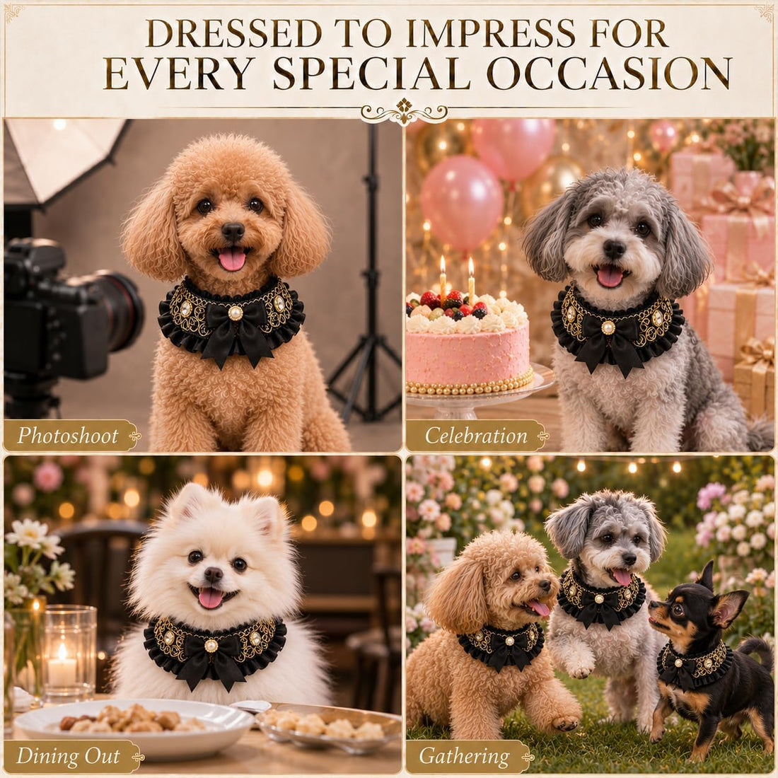 Dog Wedding Collar & Pearl Leash Set for Small Dogs, Black Gold