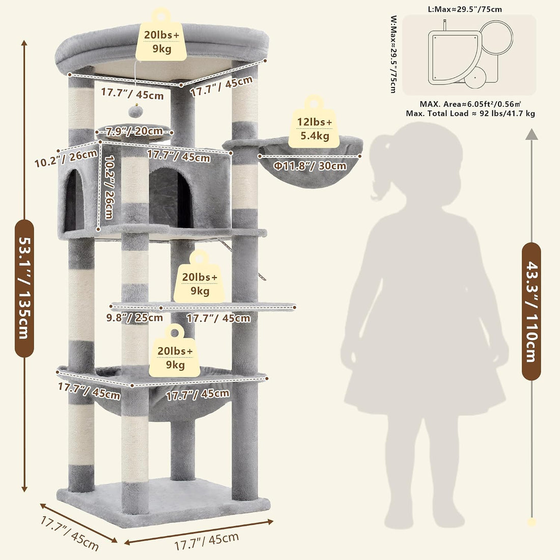 Heybly 53.1" Corner Cat Tree for Large Cats – Interactive Play HCT029W