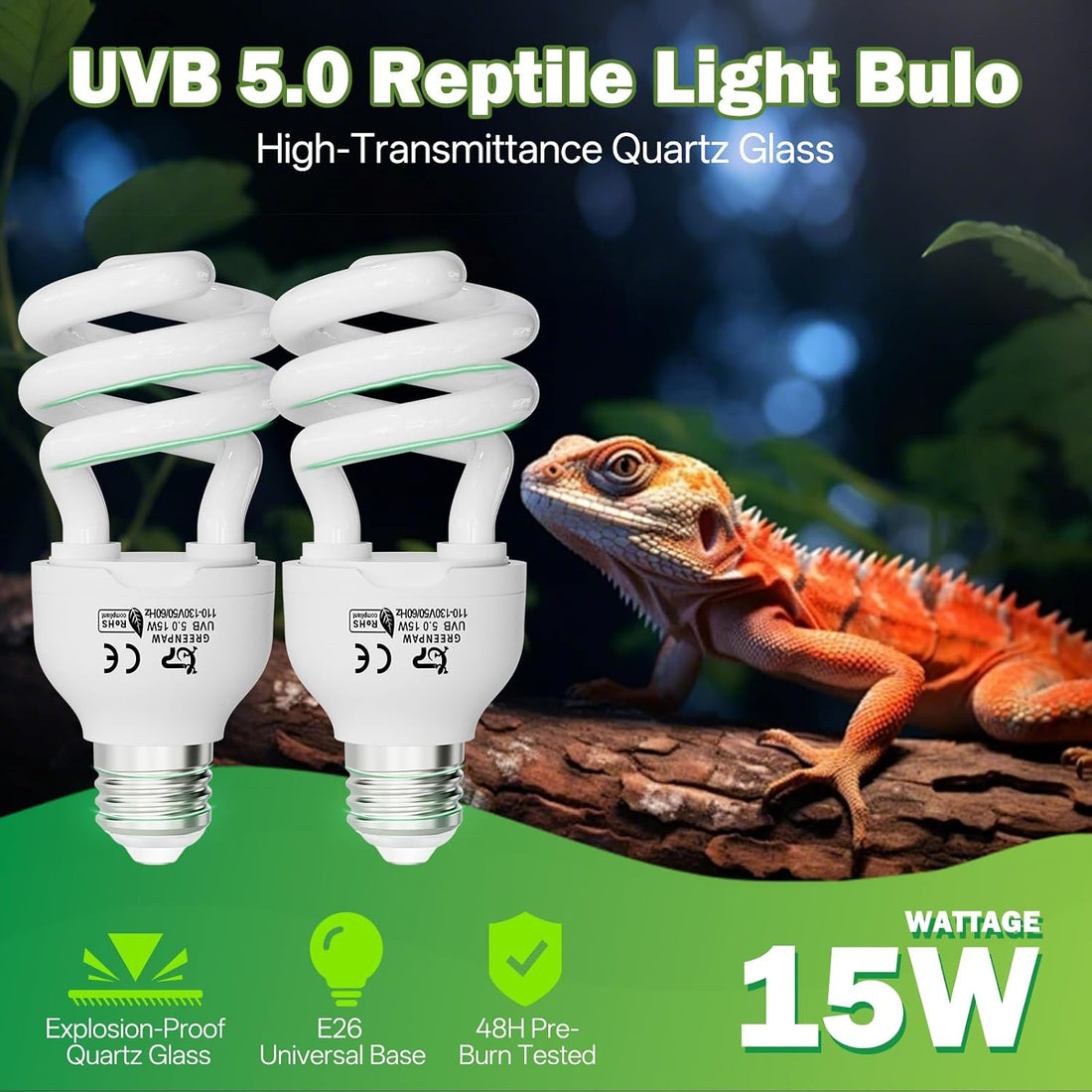 Reptile UVB Bulb 5.0 15W, Compact Fluorescent Light E26 Base, 2PCS
