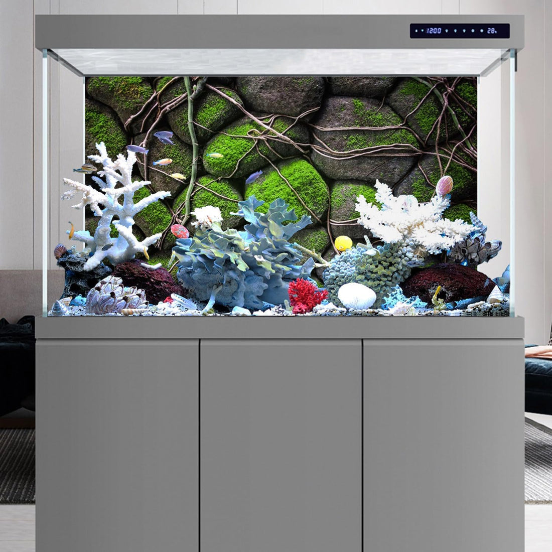 24x12 in Mossy Stone Wall Aquarium Backdrop Rock Fish Tank Background