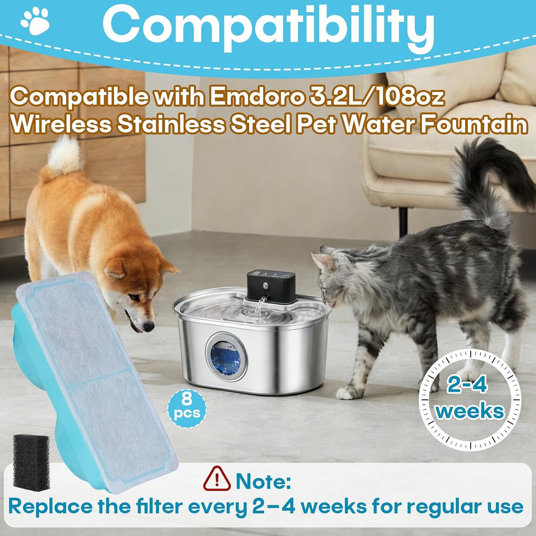 8-Pack Pet Water Fountain Filter Compatible with Emdoro Pet Water