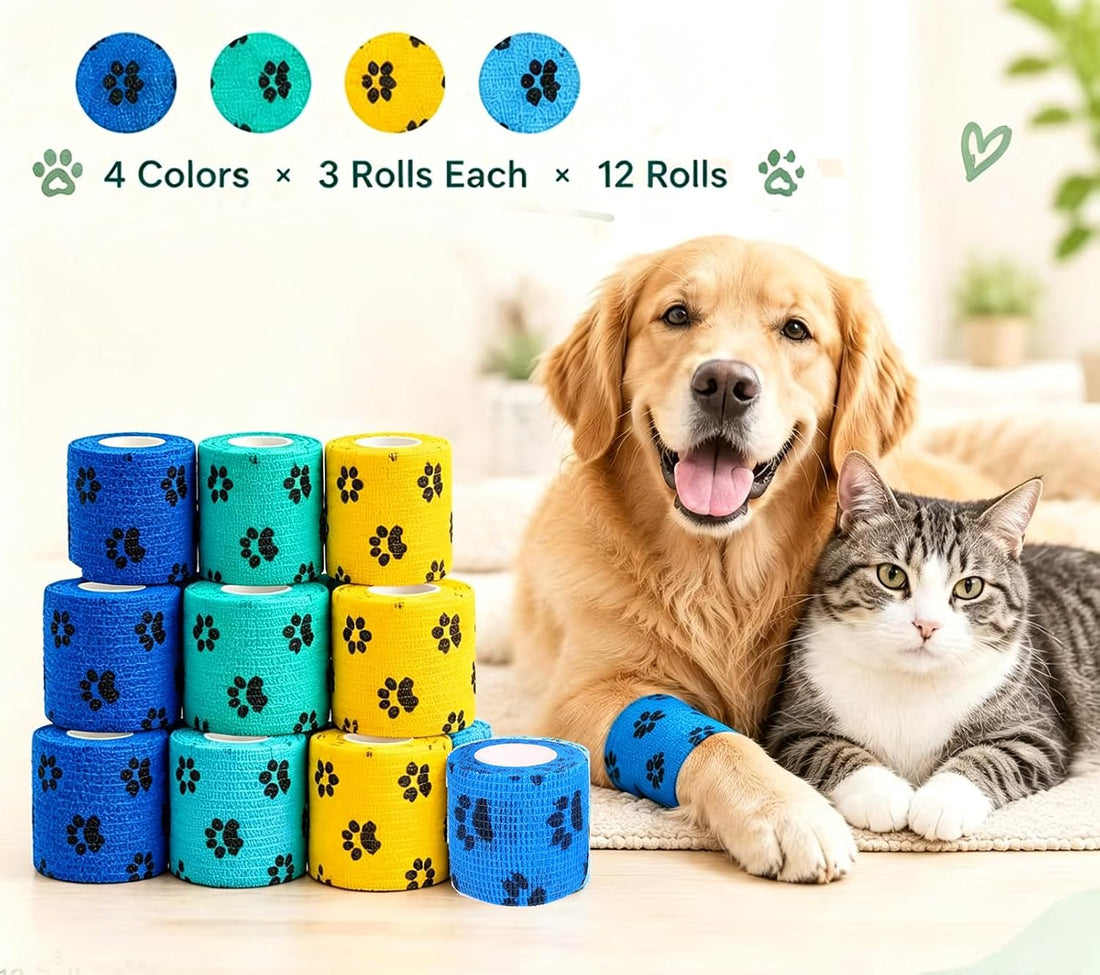 12 Rolls Vet Wrap Cohesive Bandages for Dogs, Cats
