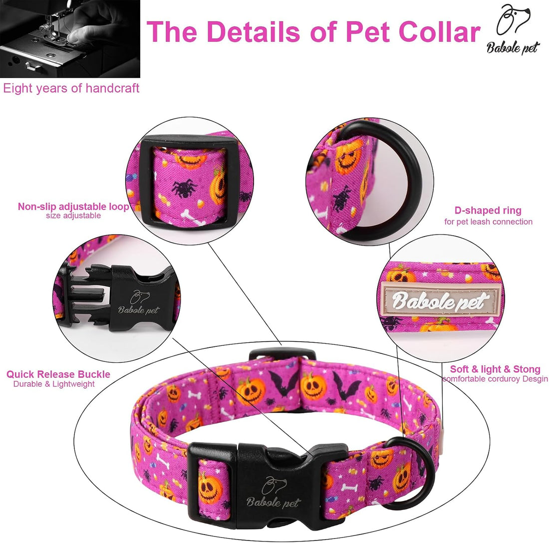 Halloween Dog Collar, Purple Pumpkin Bat Print Puppy Collar