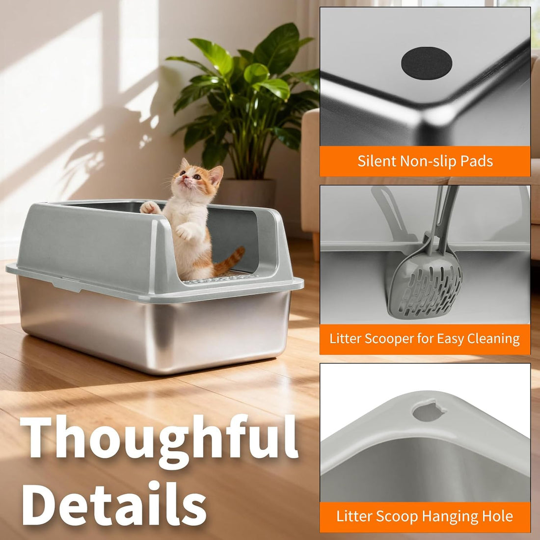 Kirecoo 2 Pack Medium Semi-Enclosed Stainless Steel Cat Litter Box