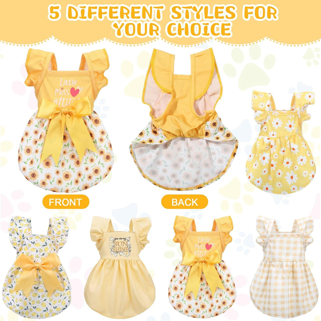 Abbylike 5 Pcs Dog Dress Floral Daisy Sunflowers Lemon Plaid Bowknot