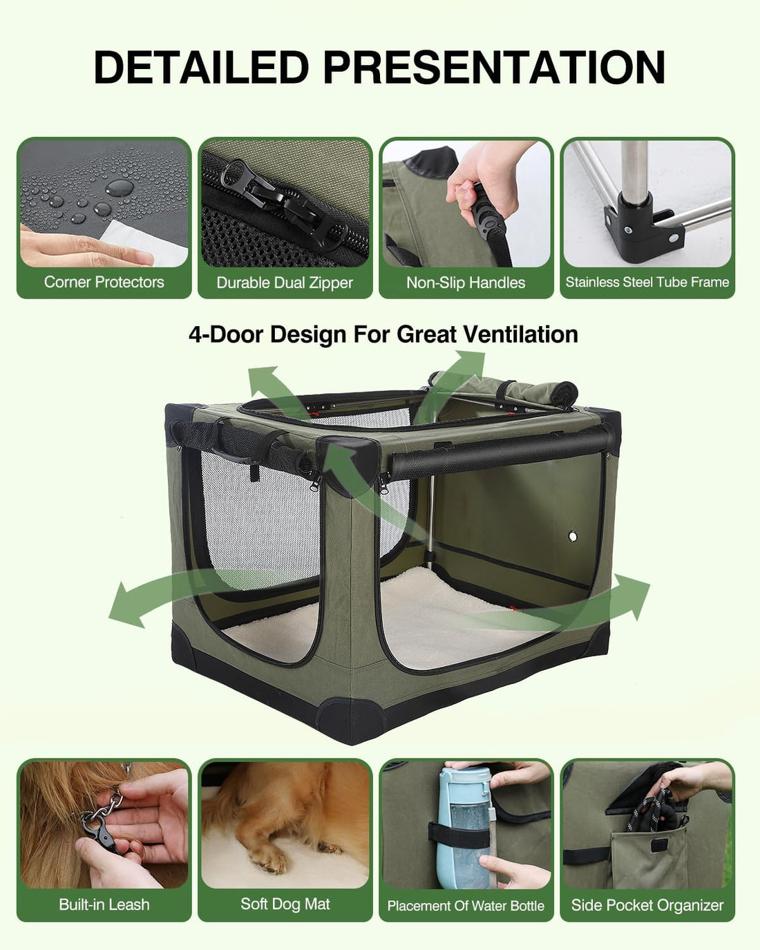 Veraste 33 in Collapsible Dog Crate for Medium Large Dogs, 4 Door