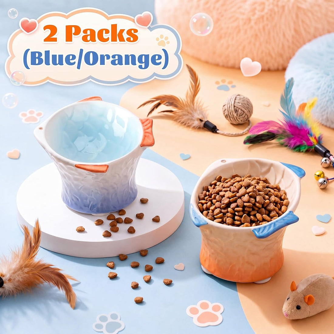 Tioncy 2 Pcs Raised Tilted Ceramic Cat Food Bowl Fish Shape Cute