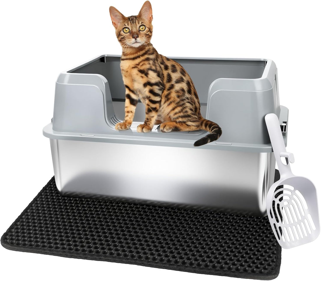 Vivifying XL Stainless Steel Cat Litter Box, High Sided Open Top, Gray