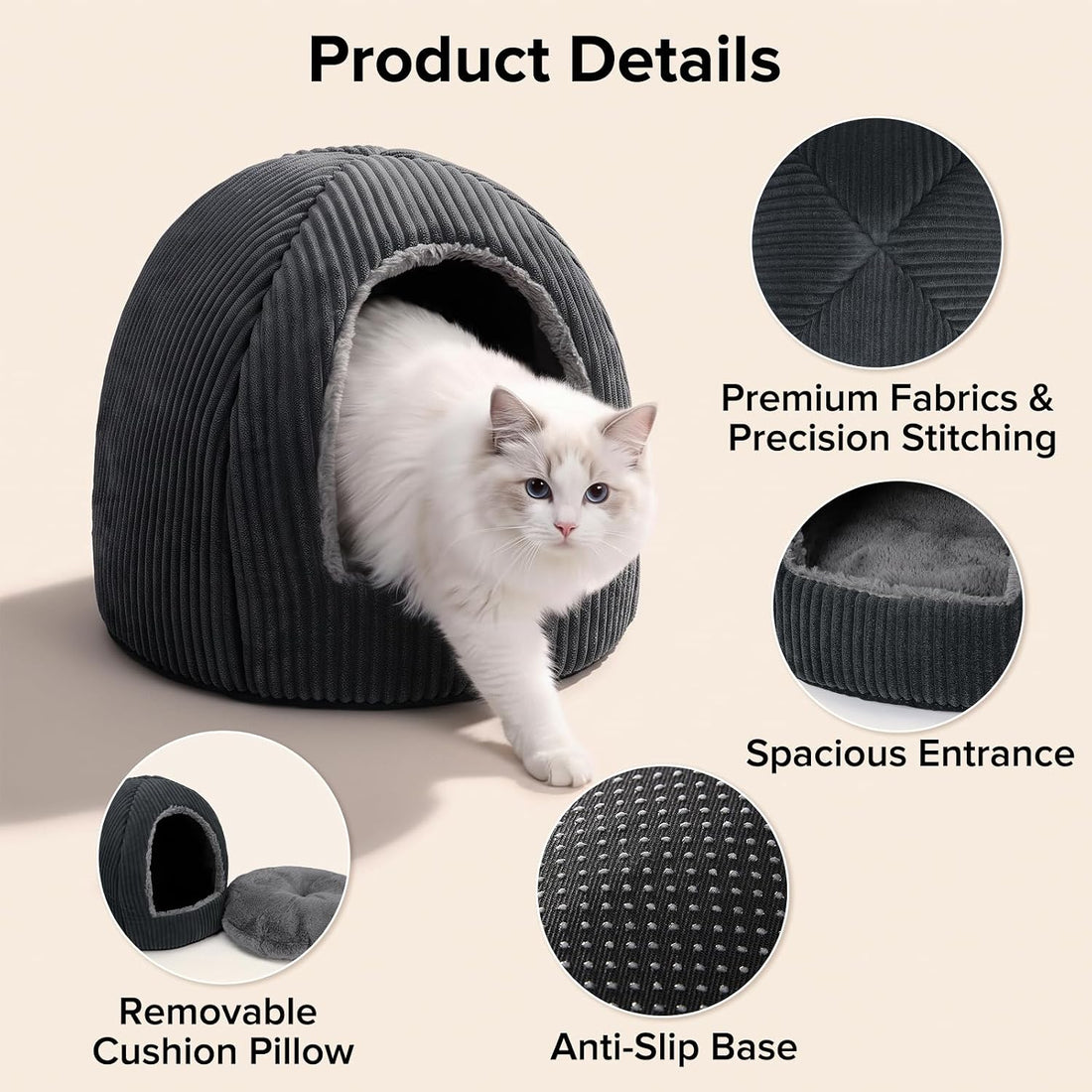 2-in-1 Cat Beds for Indoor Cats Cave Enclosed Bed with Washable Pillow