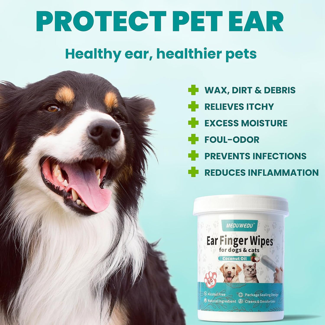 MEDUWEDU Ear Cleaner Finger Wipes 60 Counts, Dog Ear Cleaner