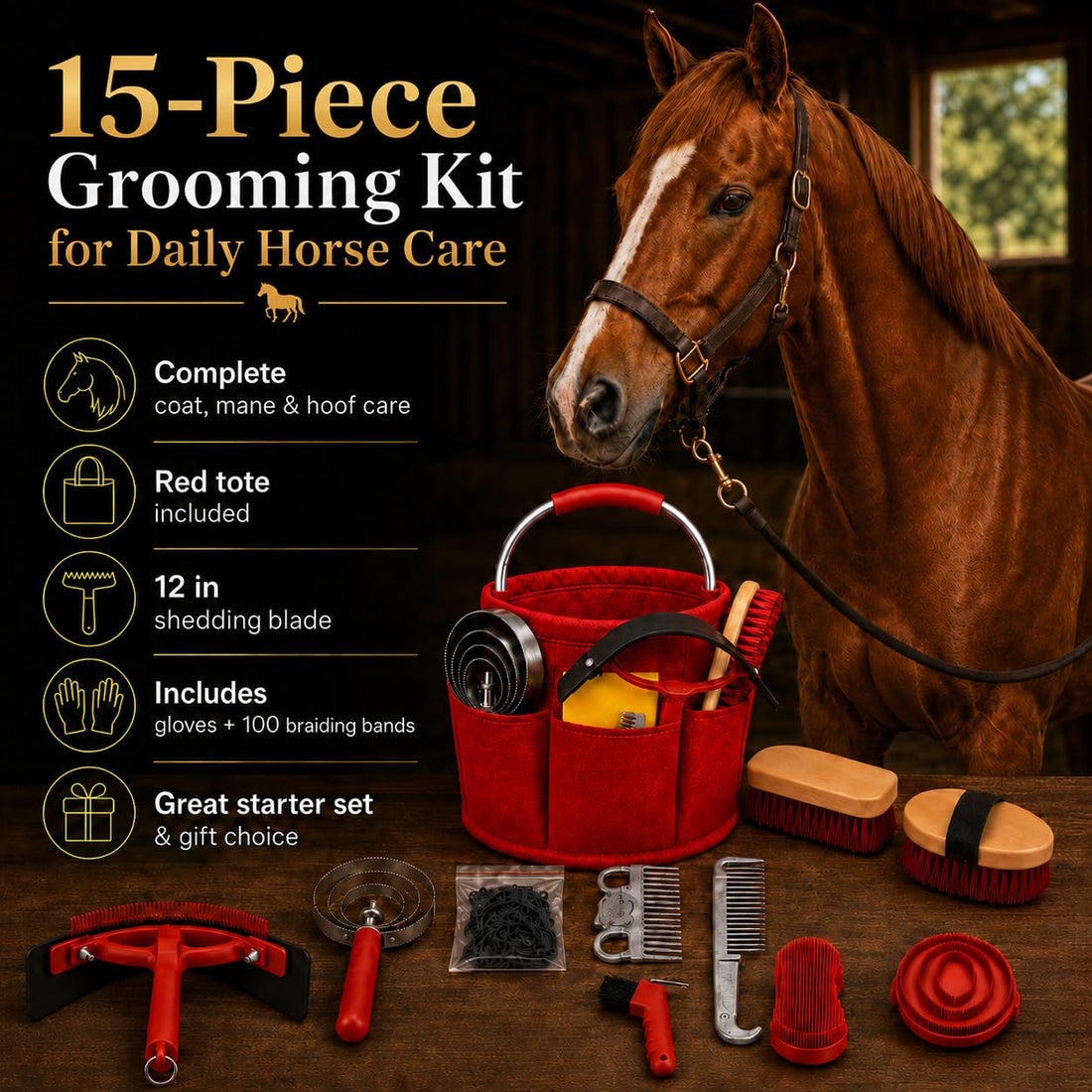 Horse Grooming Kit, 15-Piece Horse Brush Set with Red Tote Bag