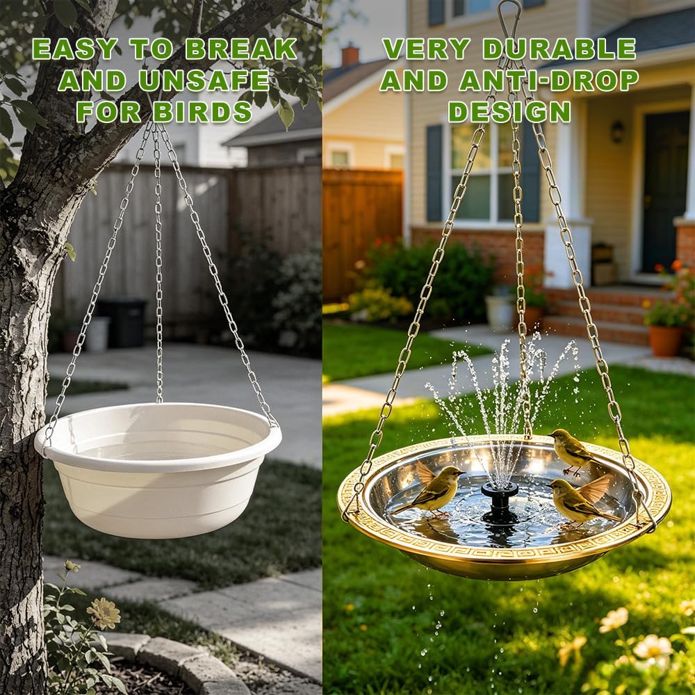 10.42 Inch Extra Deep Hanging Bird Bath with Solar Fountain