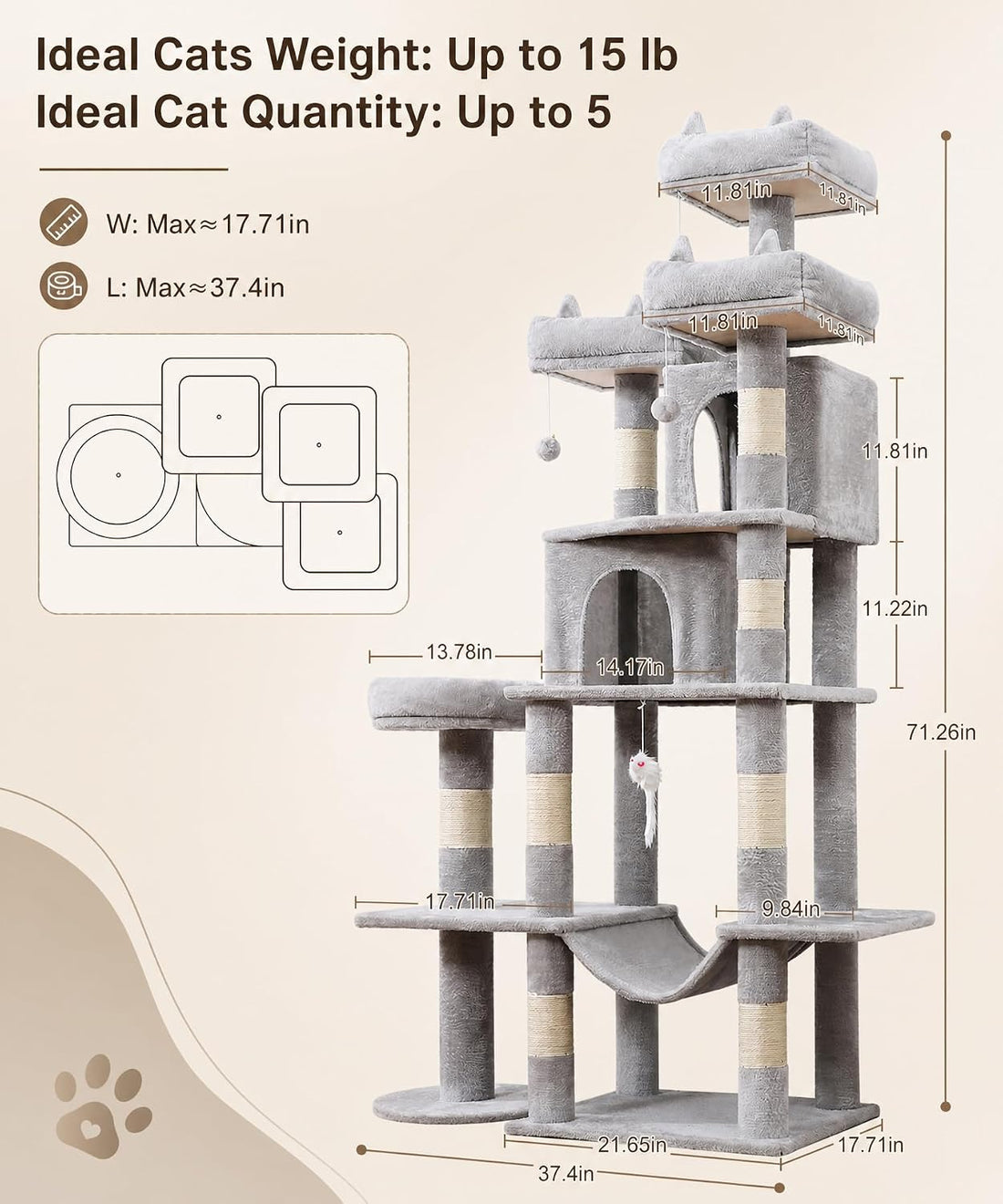 Cat Tower, 71 Inch Heavy Duty Cat Tree for Large Cats