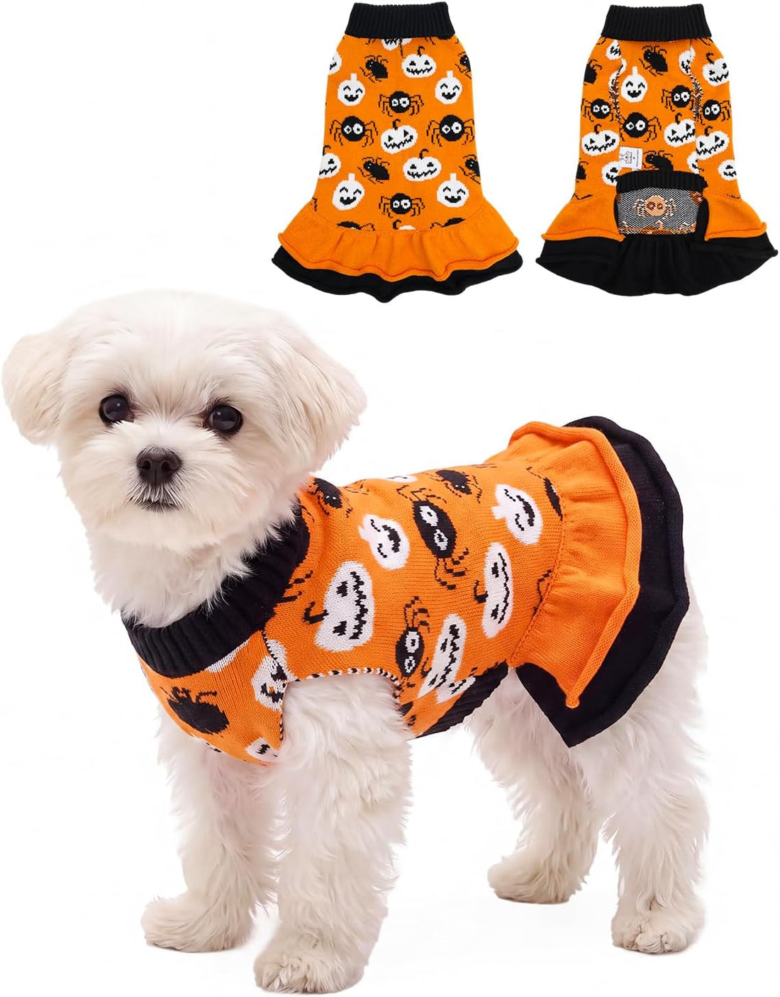 CuteBone Halloween Ruffle Dog Sweater Dress for Medium Dogs