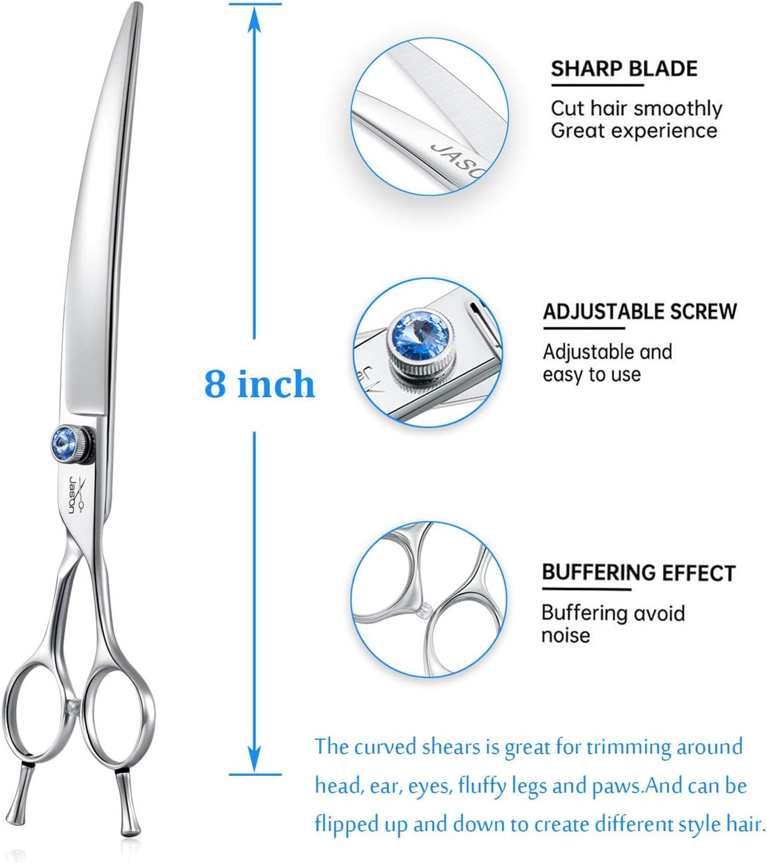 JASON 8" Curved Dog Grooming Scissors Ergonomic Pets Cats Trimming