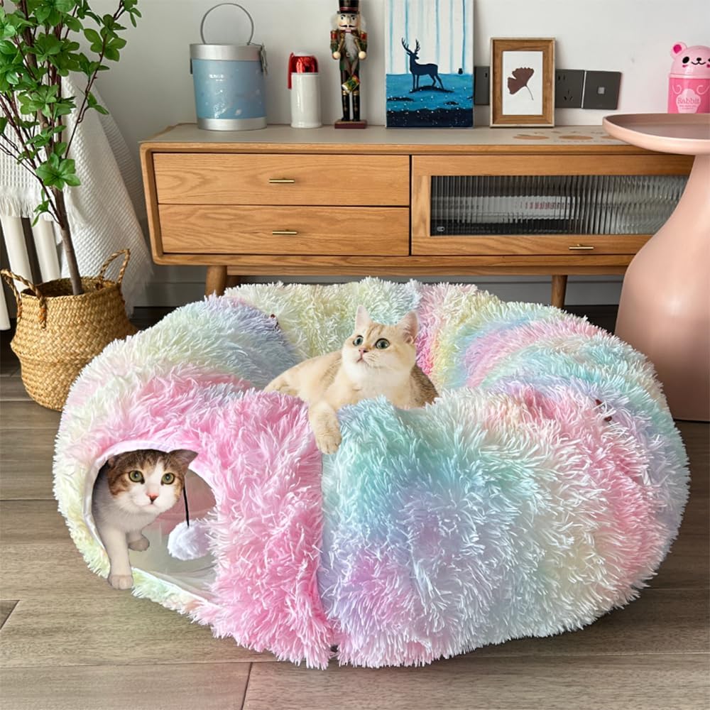 Fuzzy Cat Tunnel Bed for Indoor Cats, 2-in-1 Interactive Cat Toys