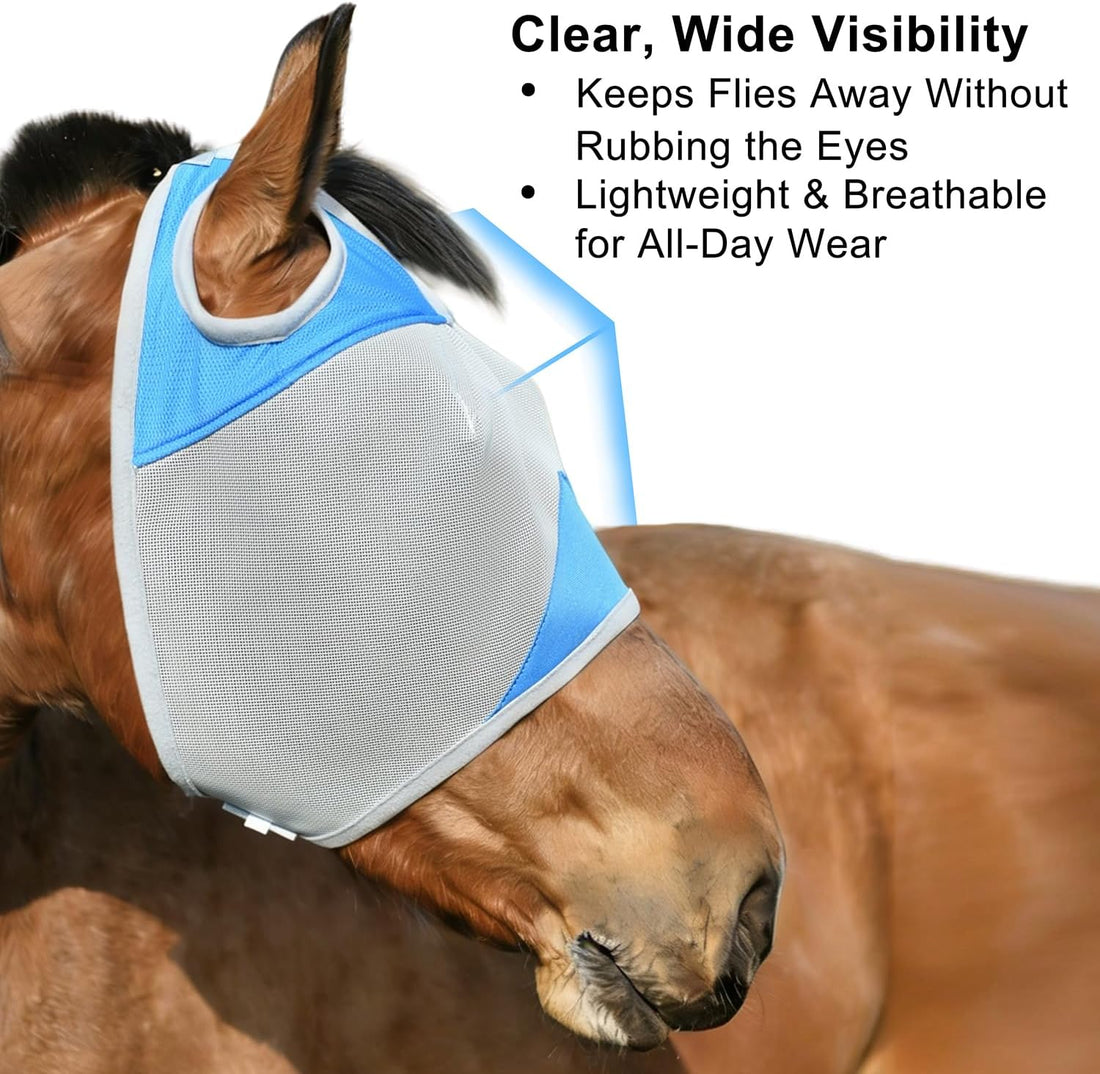 Horse Fly Mask Without Ears, UV Block Breathable Mesh (Blue, L)