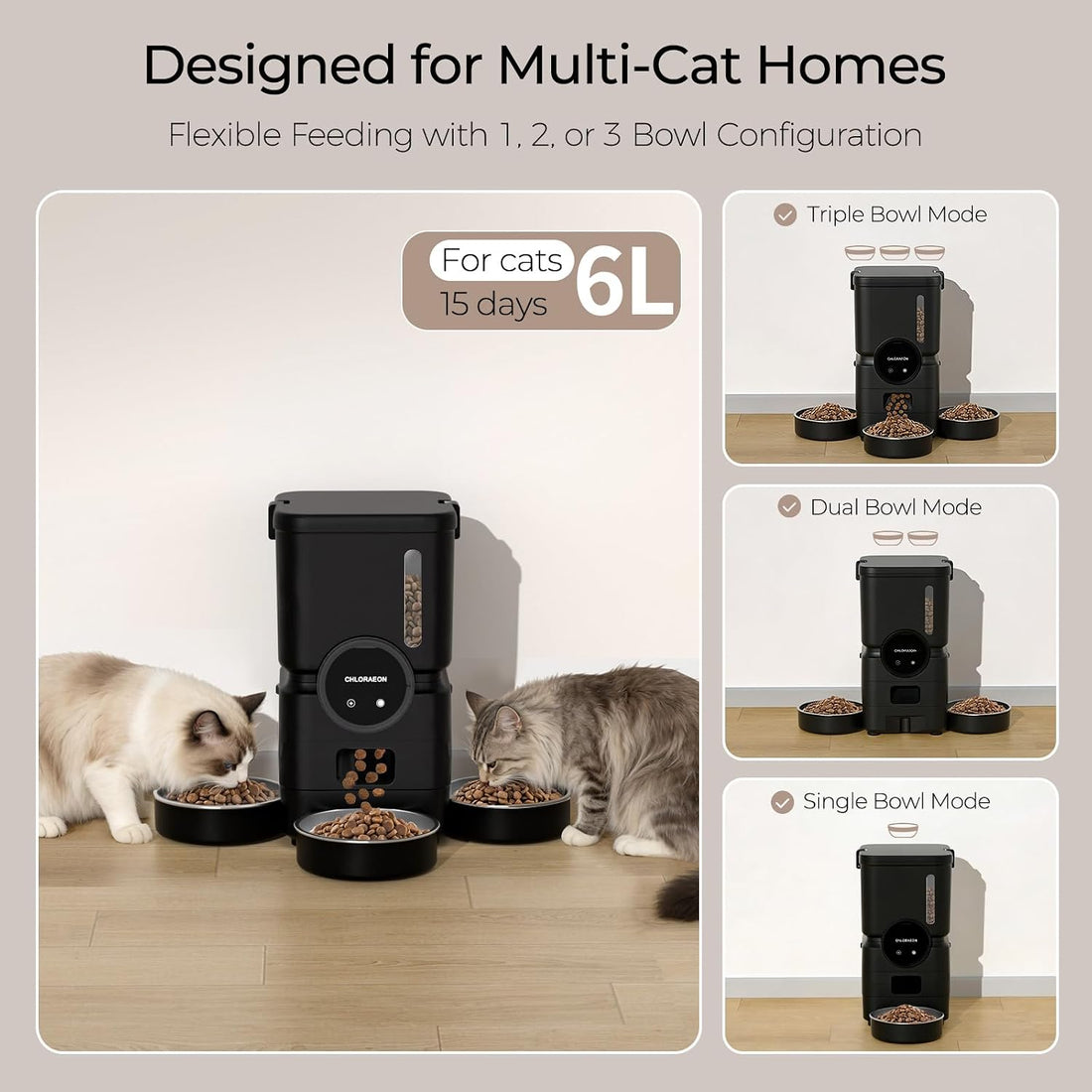 Automatic Cat Feeder for 3 Cats, 6L 2.4G WiFi Feeder, Slow Feed