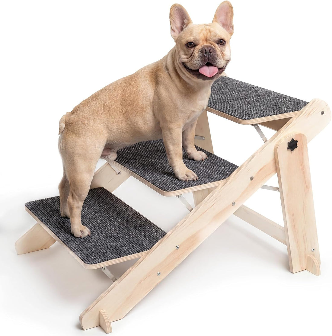 Woodure Foldable Dog Stairs, Convertible 3-Step Wooden Dog Ramp