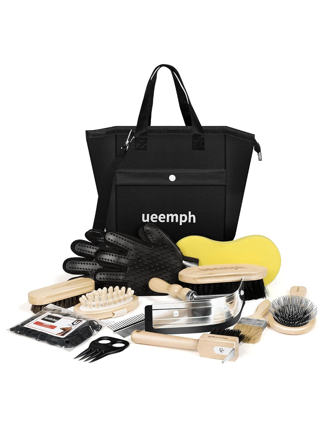 Horse Grooming Kit: Brushes, Storage Bag, Sweat Scraper, Mane Comb