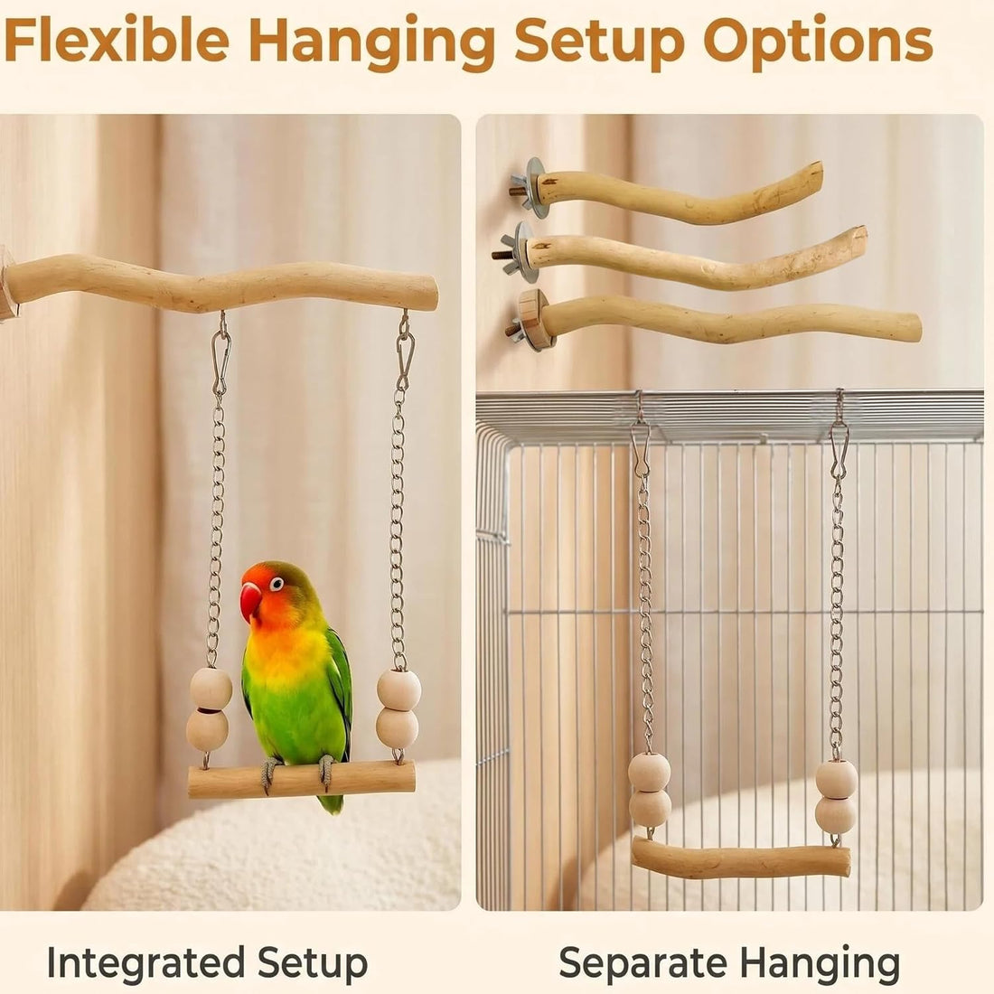 Bird Perch and Swing for Small Birds, Natural Wood Cage Accessories