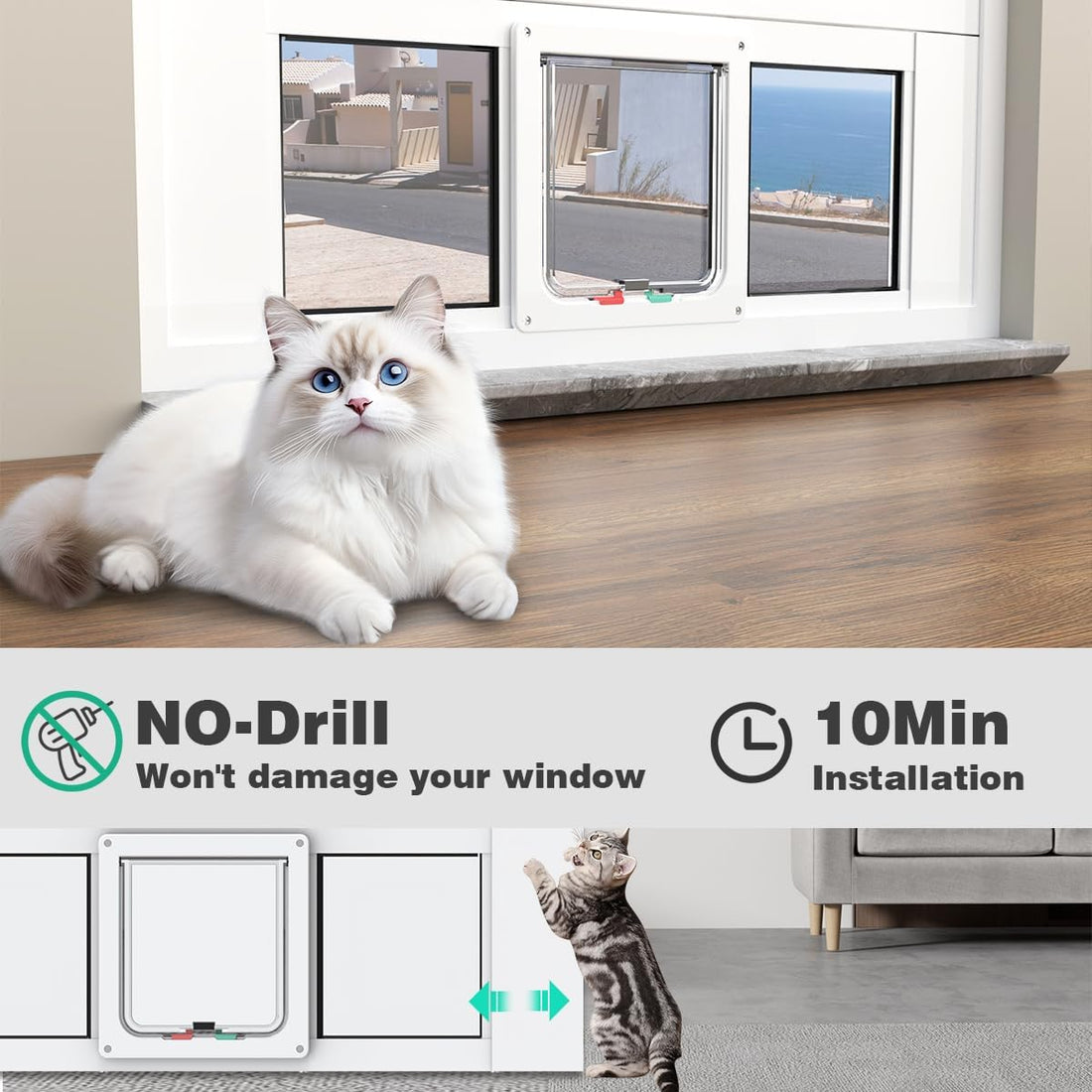 Aluminum Cat Door for Windows - Adjustable to Fit Window Width 32"-36"