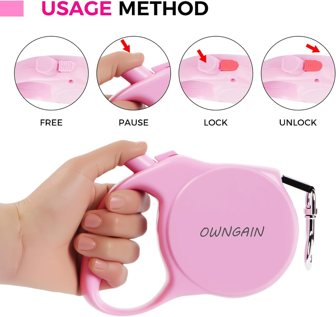 Pink Retractable Dog Leash,Strong Nylon Tape-One-Handed One Button