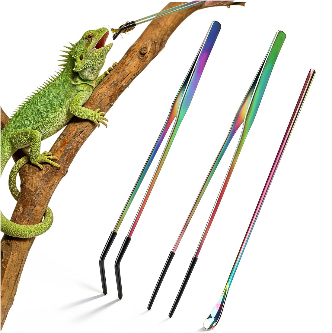 OLIISS Iridescent Reptile Feeding Tongs with Rubber Tips, 10.6"