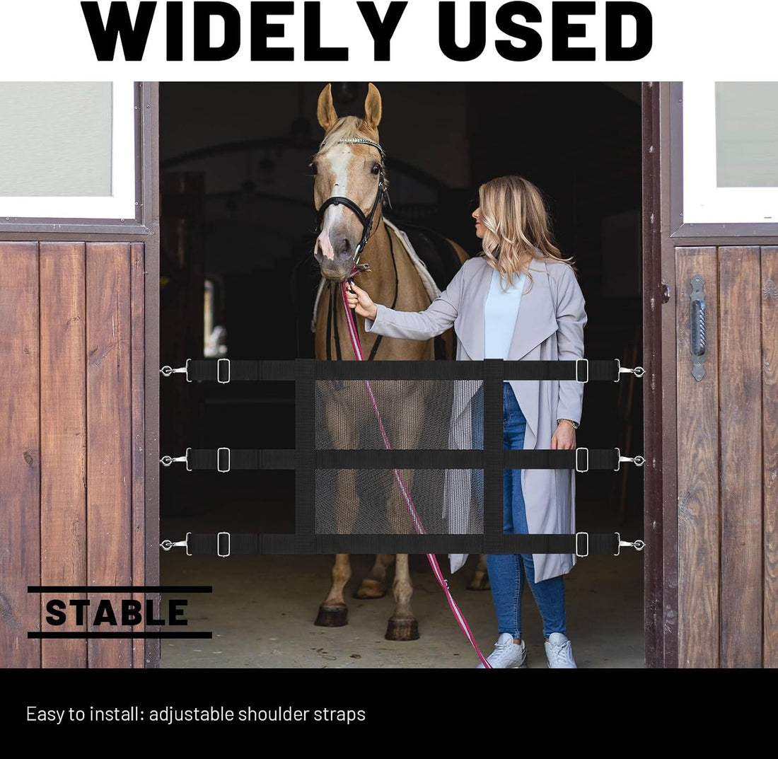 Horse Stall Guard, 57 x 18 Inch Adjustable Nylon Black Mesh Gate