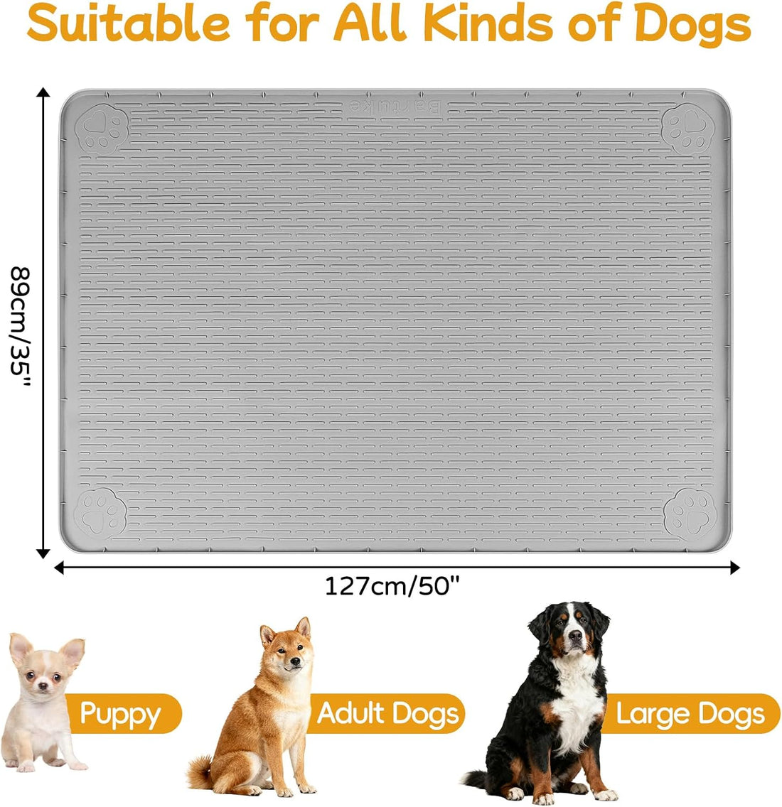 Dog Food Mat 50" x 35" Large Silicone Mat with Raised Edge Gray