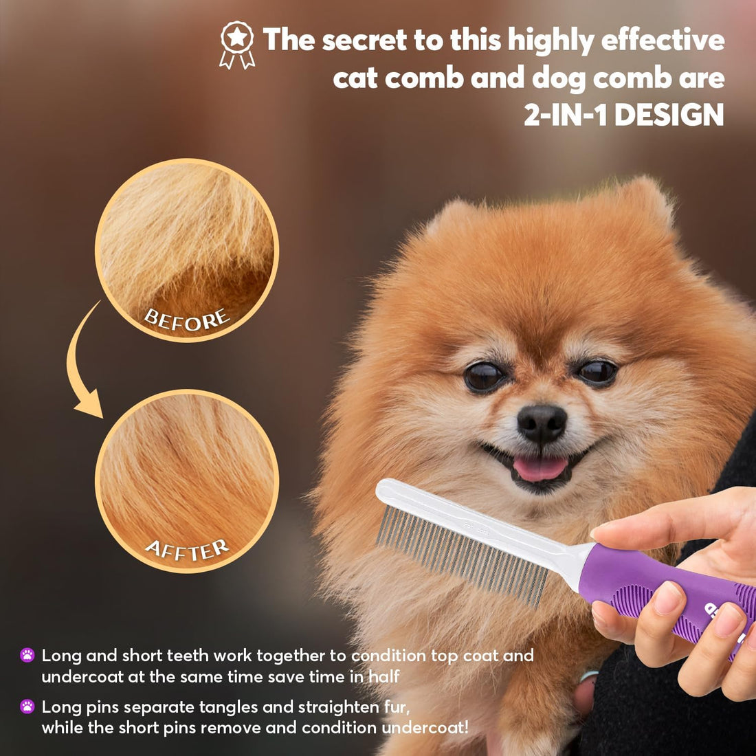 Detangling Pet Comb for Dogs & Cats with Long & Short Stainless Steel
