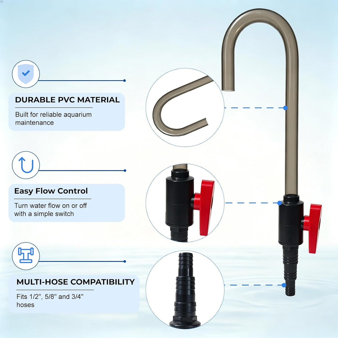 Hands-Free Aquarium Water Changer Hook with Flow Shutoff Valve