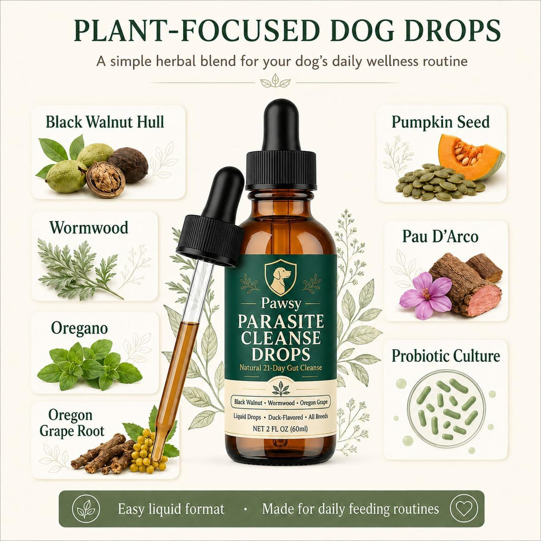Pawsy Parasite Cleanse Drops，Triple Action Probiotics Supplement
