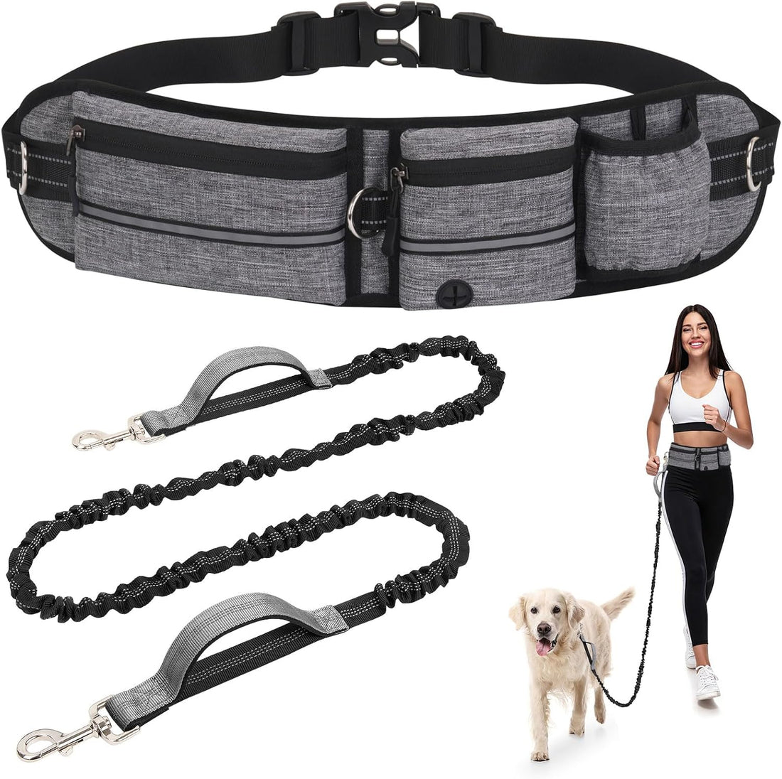 Hands Free Dog Leash with Waist Bag Bungee, Medium/Large, 25-120 lbs
