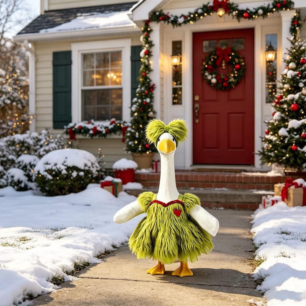 Green Fur Christmas Porch Goose Outfit for 23 Inch Lawn Goose Xmas