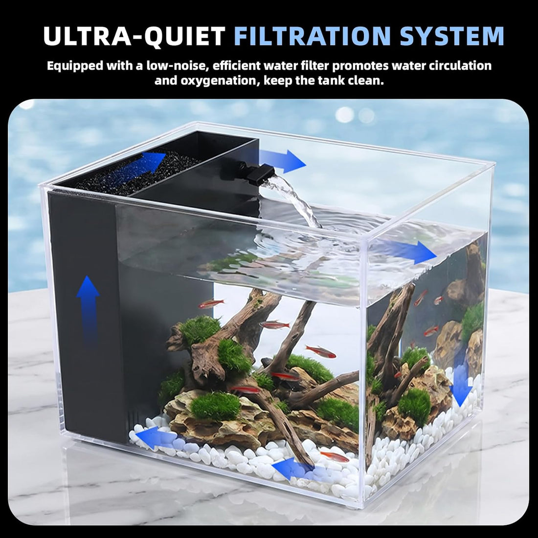 1Gal (3.7L) Small Aquarium Kit with Water Filter Pump and LED Light