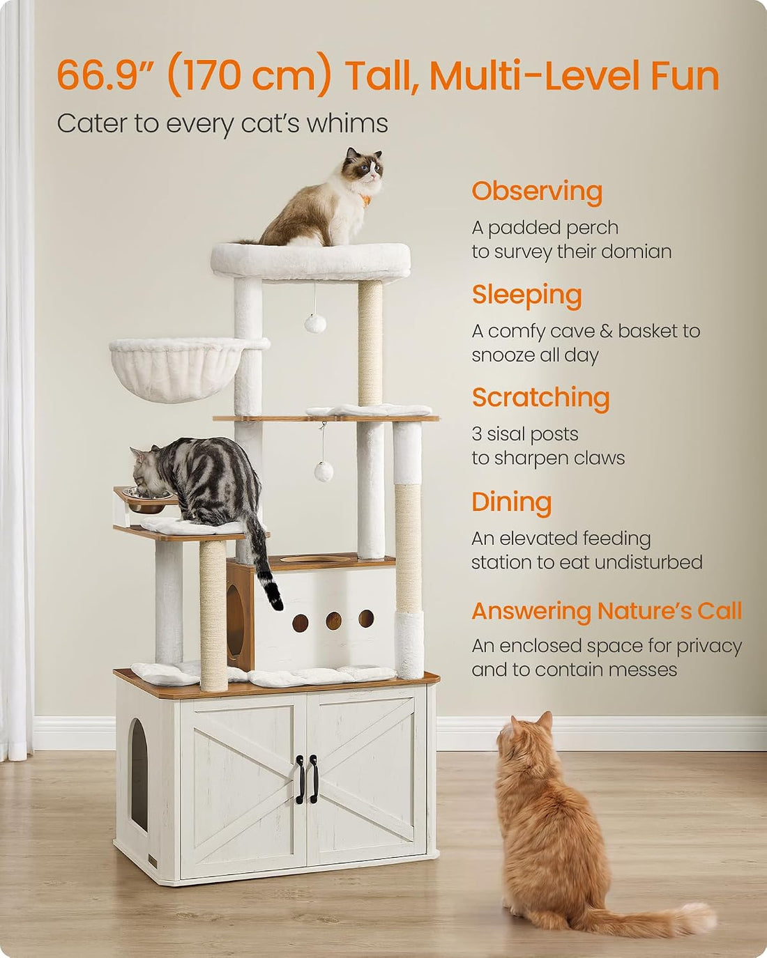 Feandrea Cat Tree, 66.9-Inch Cat Tower with Litter Box Enclosure