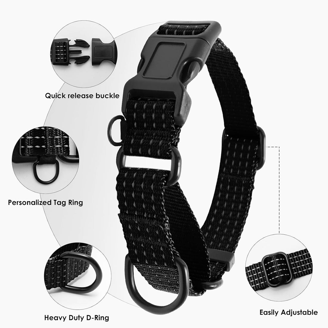 Martingale Dog Collar, Reflective No Pull with Buckle, Black, M