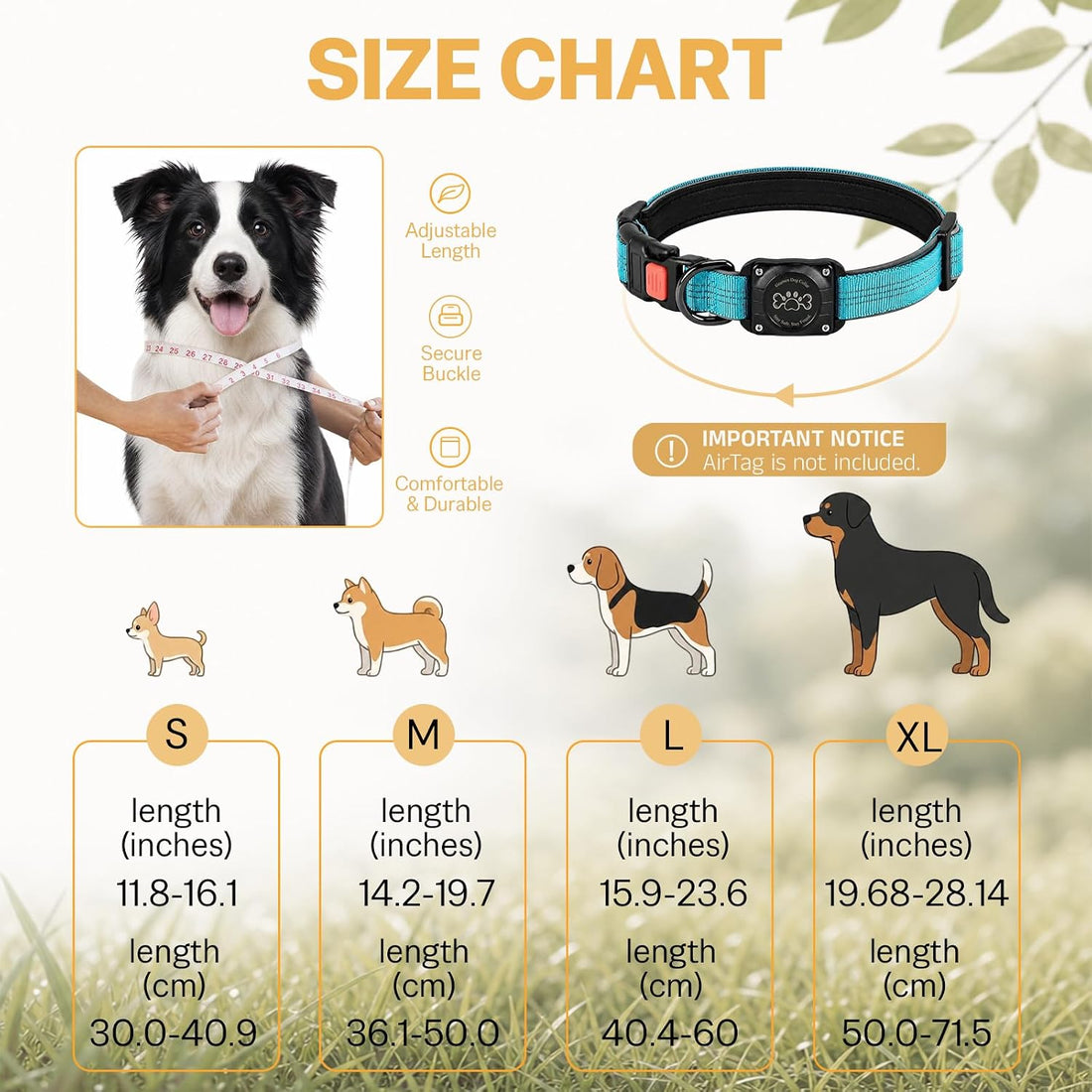 Dog Collar with AirTag Holder IP68 Waterproof Reflective Collar Blue M