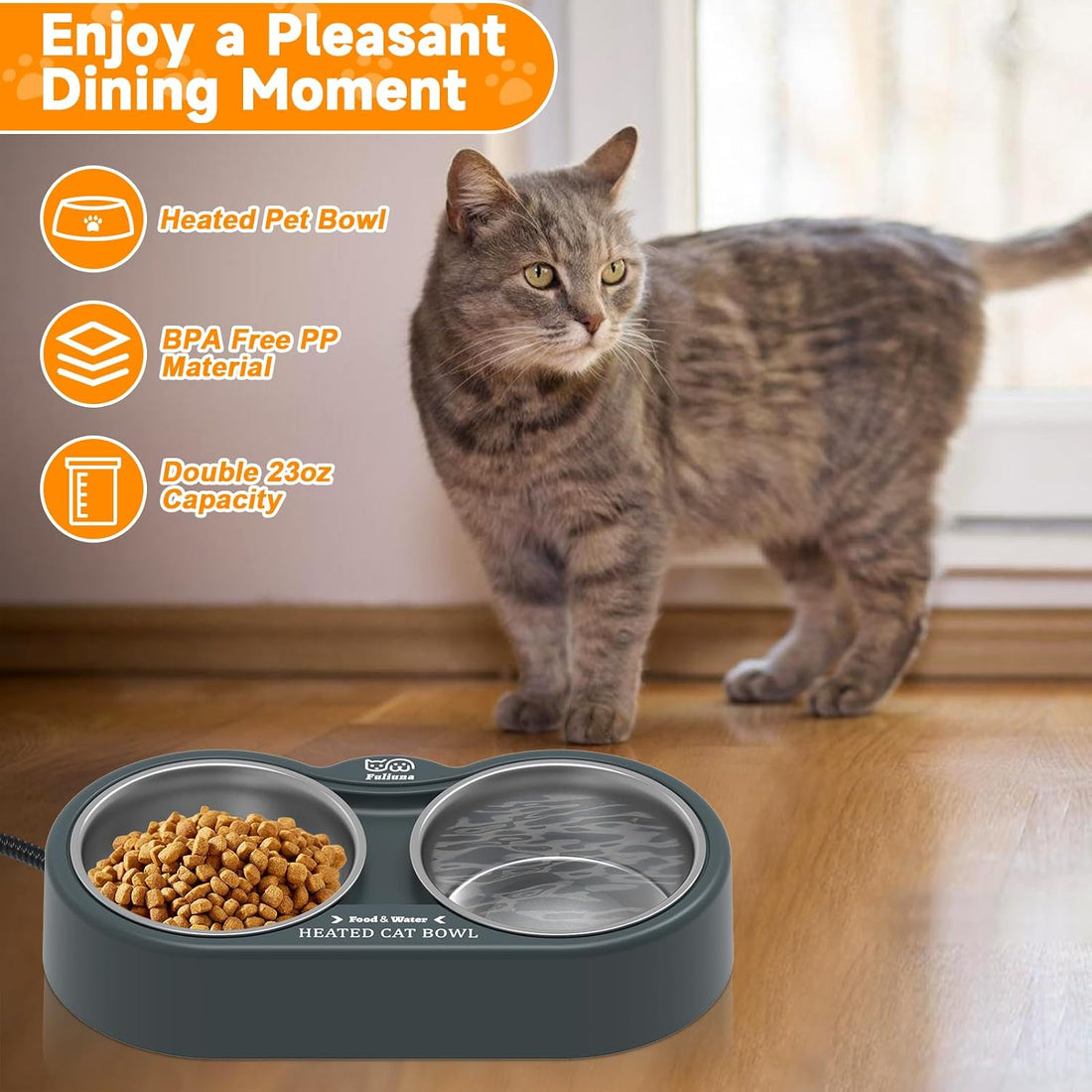 Heated Cat Bowl, Outdoor Heated Pet Bowls with Double Stainless Steel
