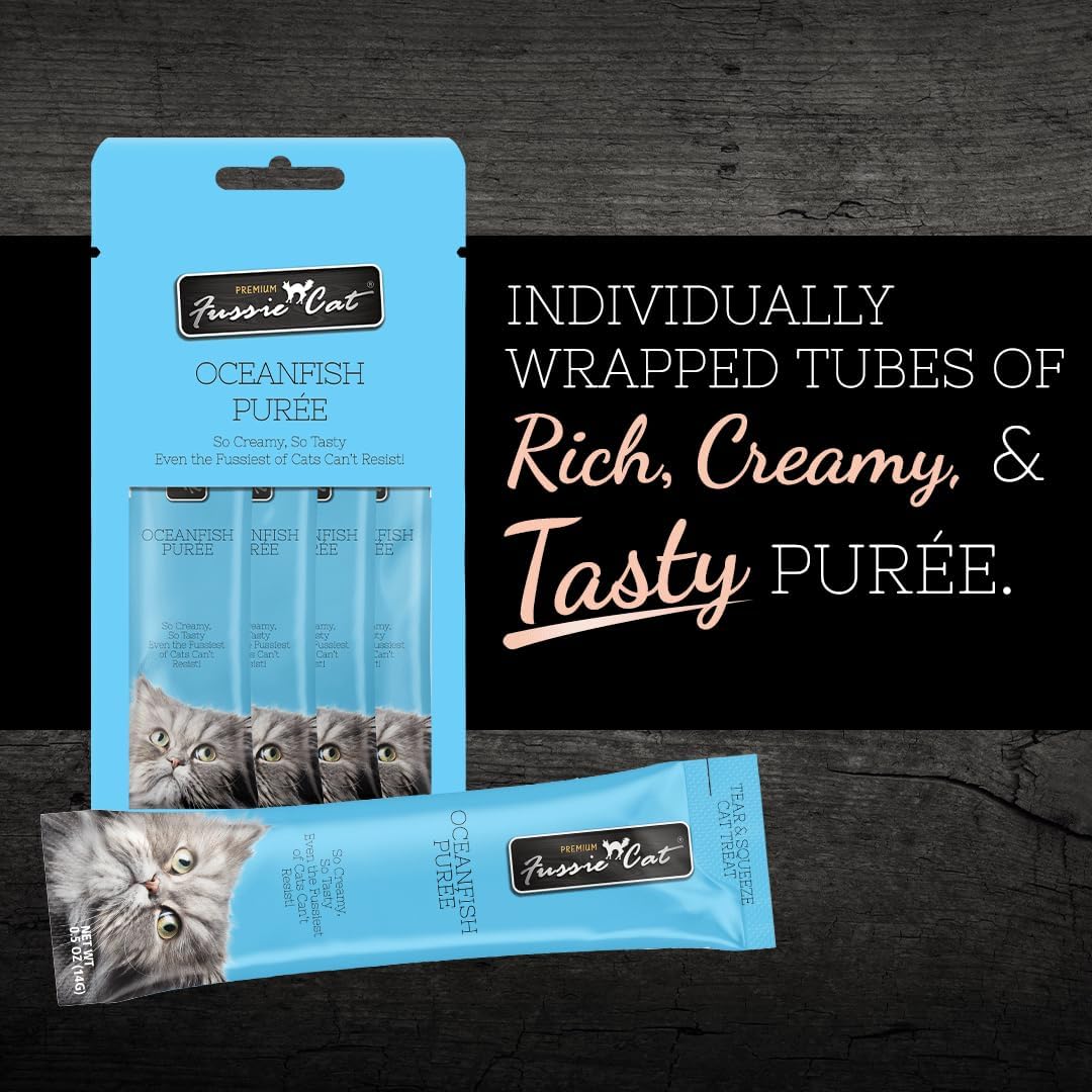 Fussie Cat Premium Ocean Fish Puree, Lickable Cat Treats, 0.5oz x4