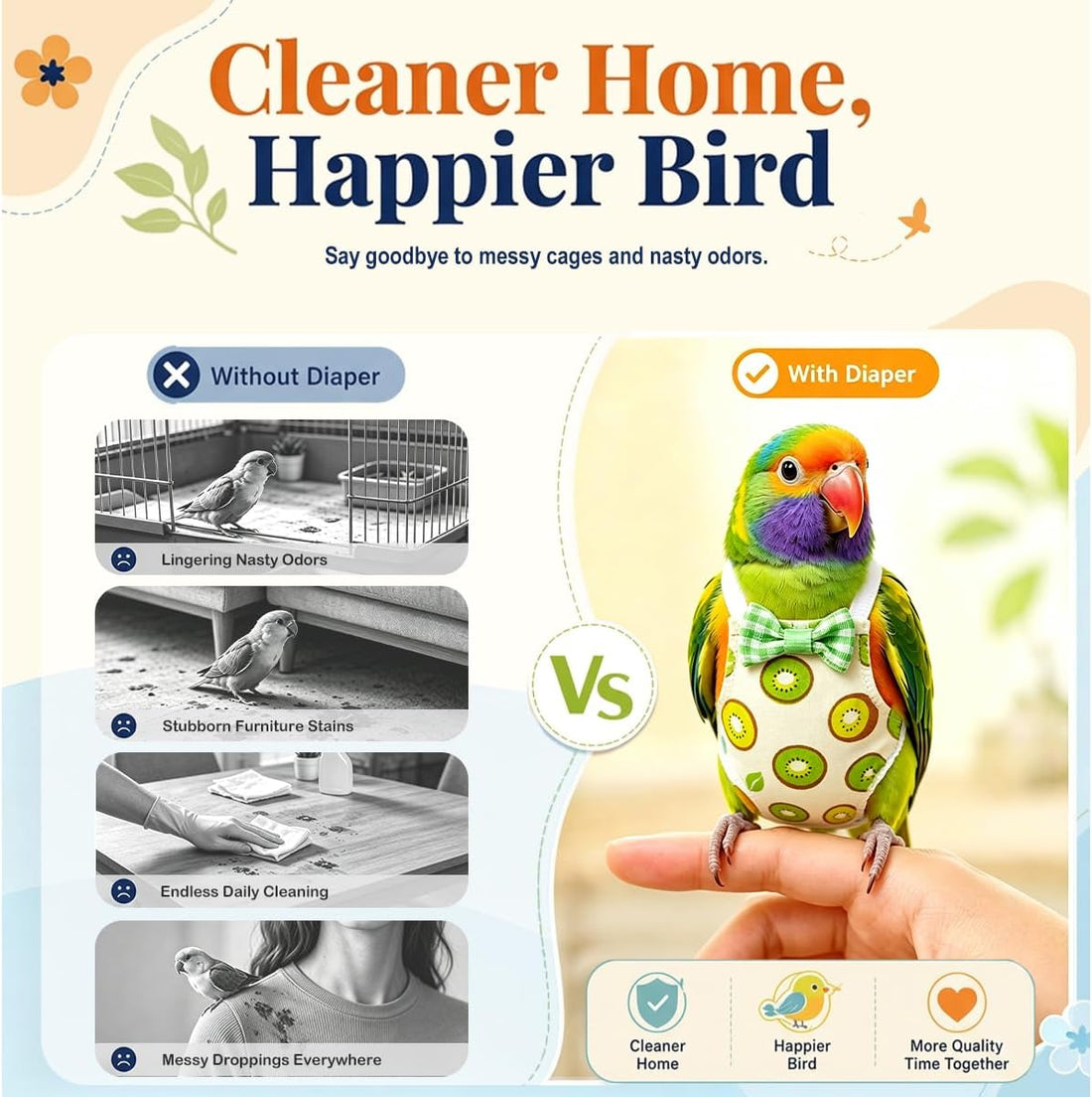 9 Pcs Reusable Bird Diaper Flight Suit with Leash Diaper Pads (S)