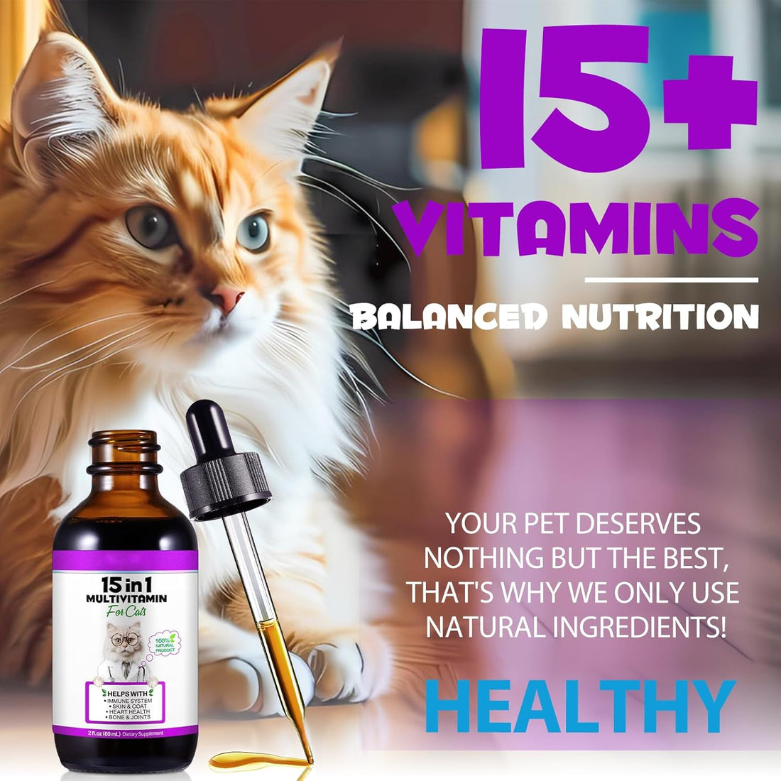 Cat Multivitamin,15 in 1 Cat Vitamins Liquid Drops Supplements