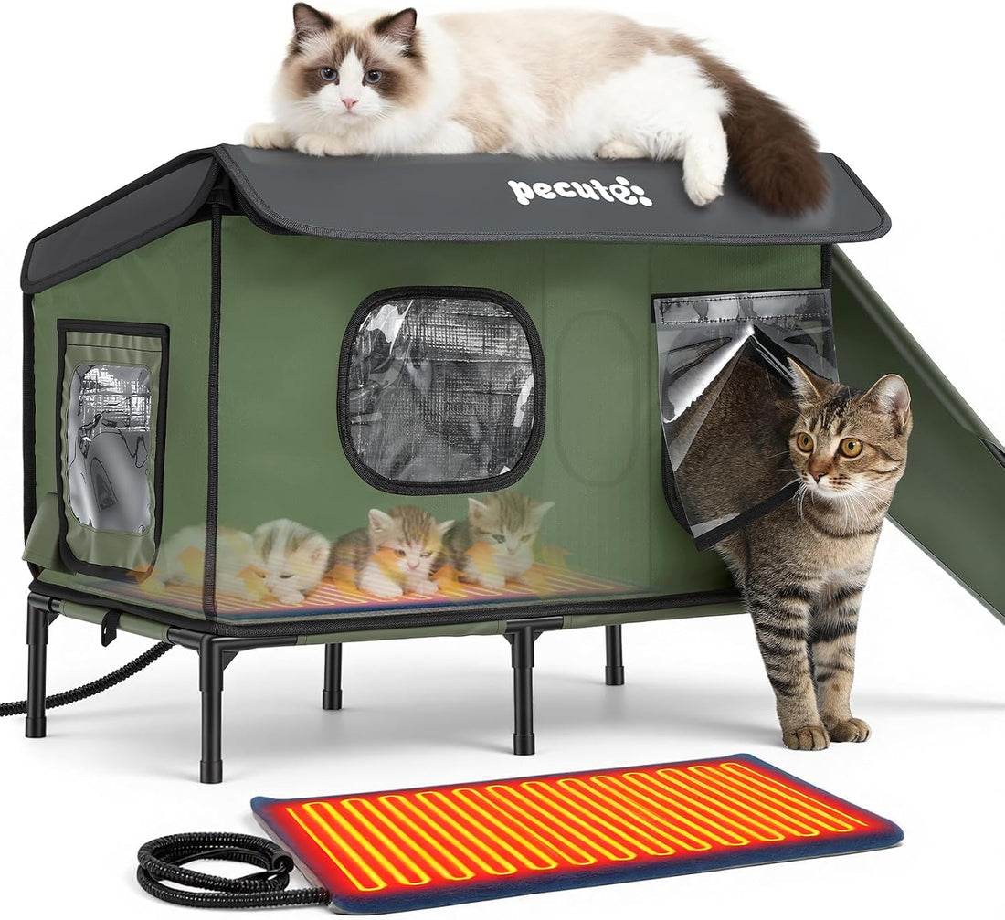 Pecute Heated Outdoor Cat House, Weatherproof Insulated Shelter